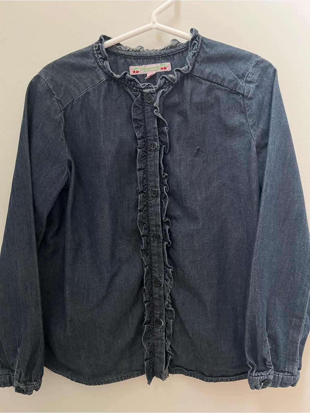 Bonpoint Dark Blue Soft Denim Ruffle Collar Shirt